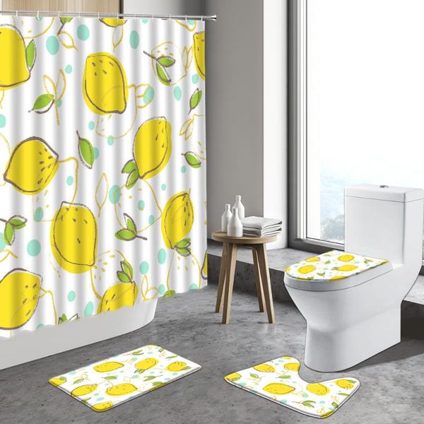 

shower curtains summer tropical fruits curtain pineapple doodle decor cartoon yellow bathroom non-slip carpet bath mats