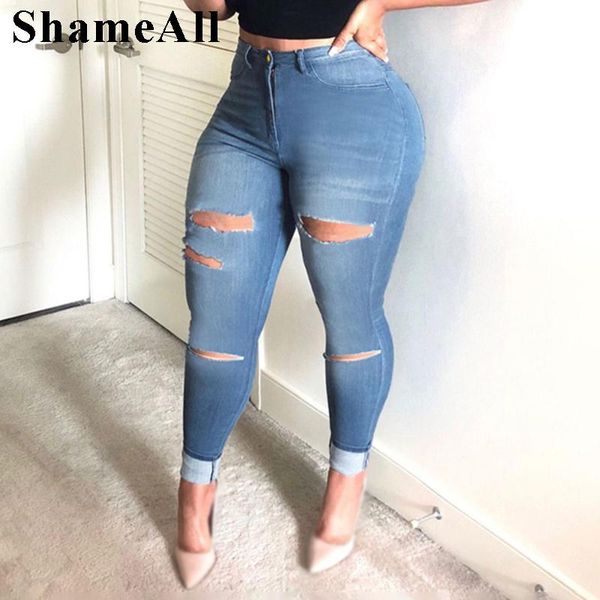 

plus size pants autumn high waist elasticity skinny ankle length jeans 3xl women hole bleached vintage push up slim denim femme