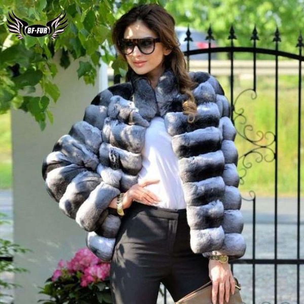 

women's fur & faux 2021 fashion chinchilla rex jacket stand collar luxury winter women genuine coats thick warm overcoat, Black