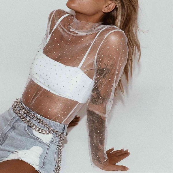 

mesh sheer transparent turtleneck women t shirt see through clothes summer female costume, White