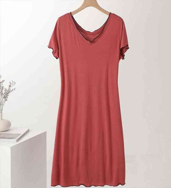 

summer modal nightdress womens korean v-neck short sleeve solid slim dress medium length nightgowns homewear sleepwear, Black;red