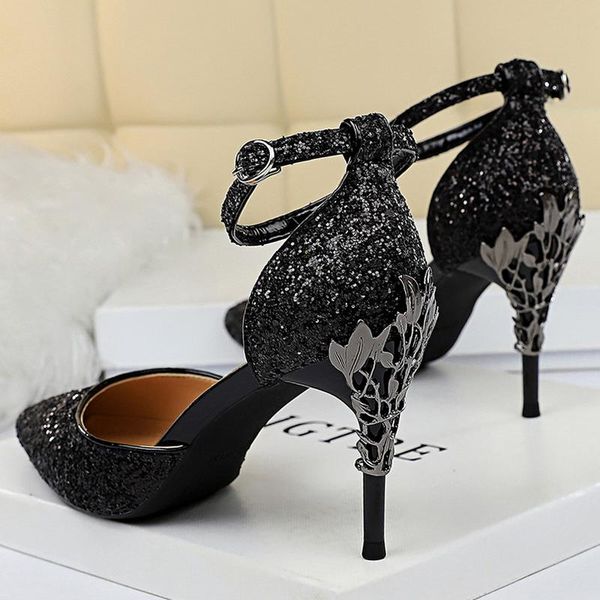 

dress shoes bling sandals for women pumps on heels 7.5cm elegant ladies metal decoration female high heel, Black