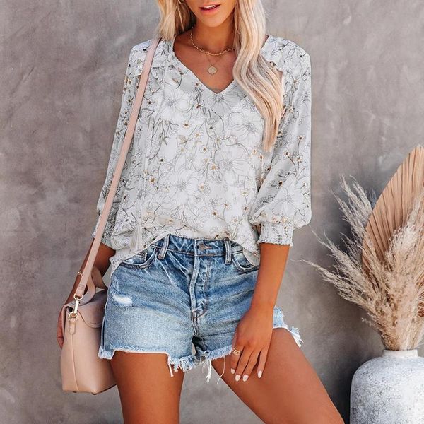 

women's blouses & shirts women summer chiffon three quarter lantern sleeve 2021 print casual loose female holiday office clothes, White