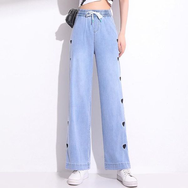 

women's jeans summer loose flared lace up waist embroidered heart straight denim oversize female wide leg trousers, Blue