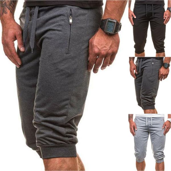 

men's pants calf-length for men elasticated waist gym sweat jogging running zip pocket joggers clothig, Black