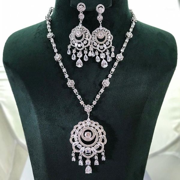 

earrings & necklace janekelly 2pcs bridal zirconia full jewelry sets for women party, luxury dubai nigeria cz crystal wedding, Silver
