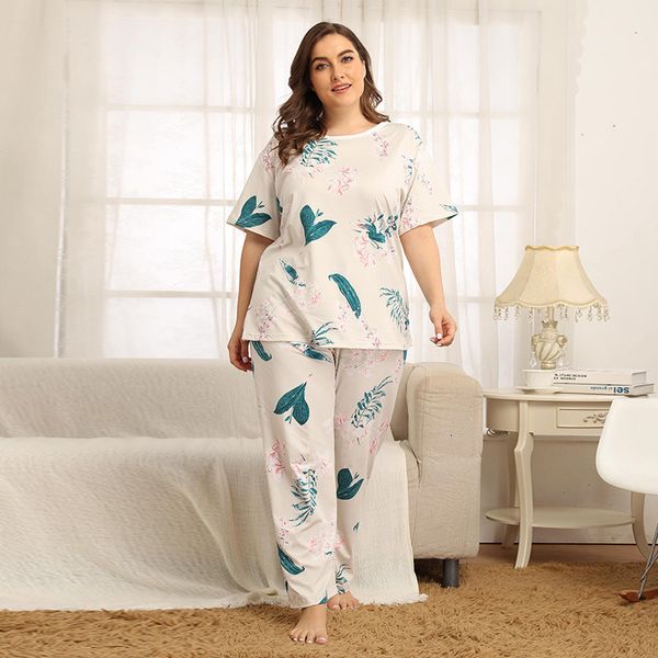 

summer large size home clothes printed warm women's short sleeve trousers set pajamas, Black;red