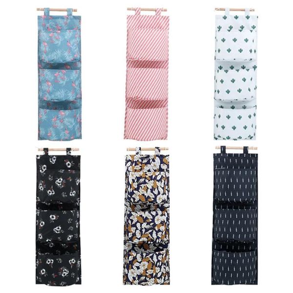 

storage boxes & bins cotton linen printing hanging bag 3 pockets wall mounted wardrobe hang pouch cosmetic toys organizer