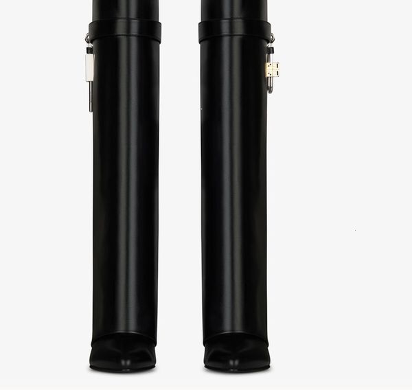 

designer high-quality shark lock knee boots leather silver and gold finish asymmetric metal padlock covered wedge almond heel, Black