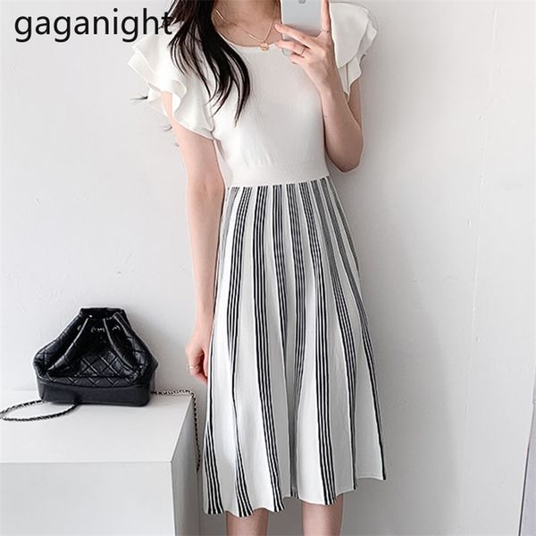 

elegant women maxi knitted patchwork dress short sleeve summer lady chic japanese dresses striped ruffles vestidos 210601, Black;gray