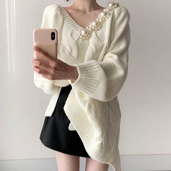 

women's knits & tees [ewq] long sleeve linen pattern apricot knitted autumn sweaters women v-neck pearl decoration design sense woman s, White