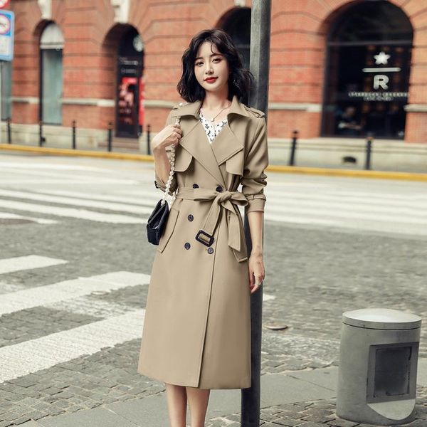 

women's trench coats women long coat large size 2021 winter british-style windbreaker female clothes double breasted with sashes outerw, Tan;black