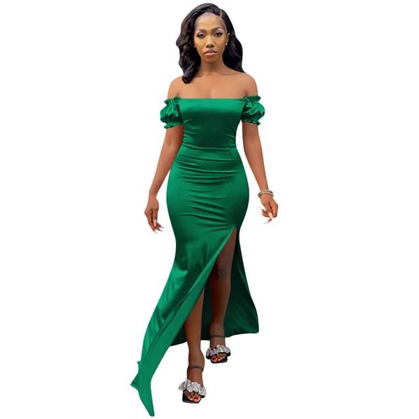 

casual dresses split maxi for women slash neck off the shoulder skinny robe gown 2021 fashion elegant chic party dress vestido, Black;gray