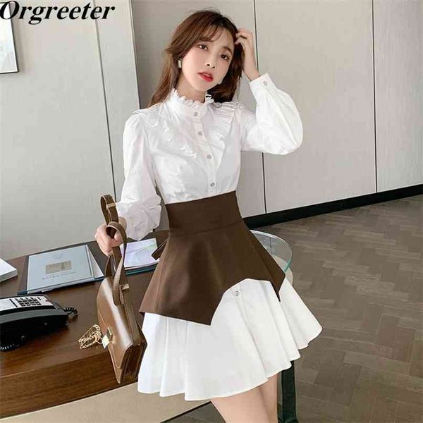 

fashion spring women casual stand collar ruffled white shirt dress long sleeve + irregular girdle sets 210602, Black;gray