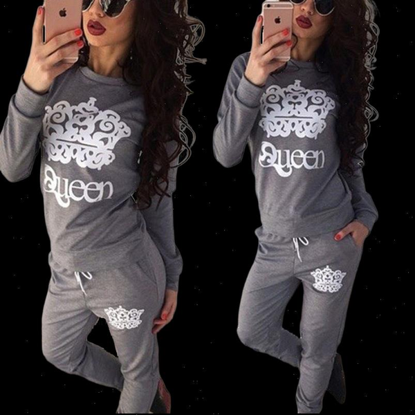 

xuancool tracksuit two piece womens tracksuits set fleece long sleeve queen letter sweatshirt pants outfits jogging femme chandal mujer, Gray
