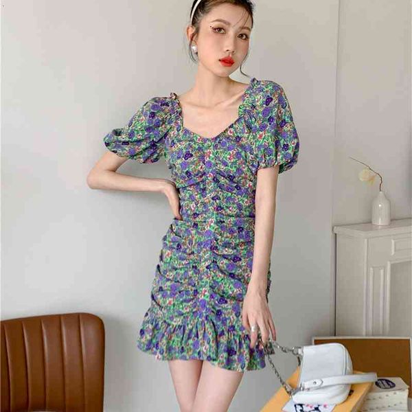 

casual dresses vintage floral backless puff sleeve v neck summer 2021 short bodycon ladies ruched korean fashion ecnp, Black;gray