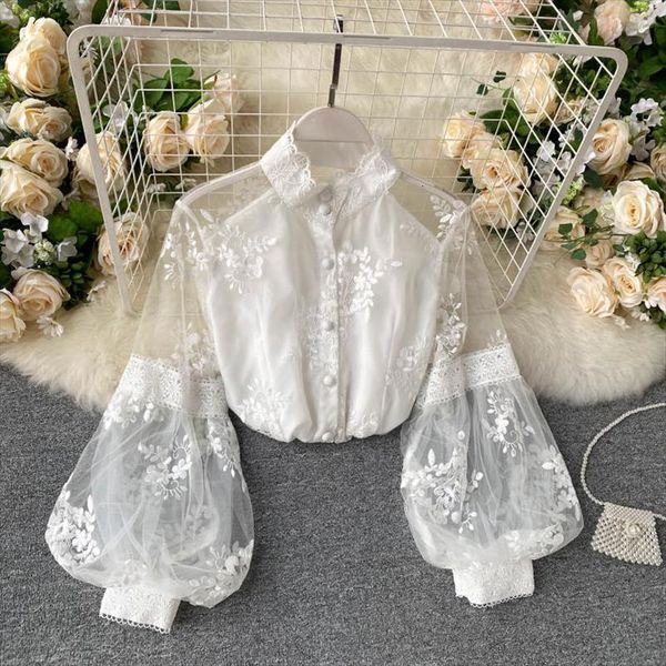 

retro mesh lace women shirts stand collar 3d embroidered long lantern sleeve court slim shirt elegant blouse p298, White