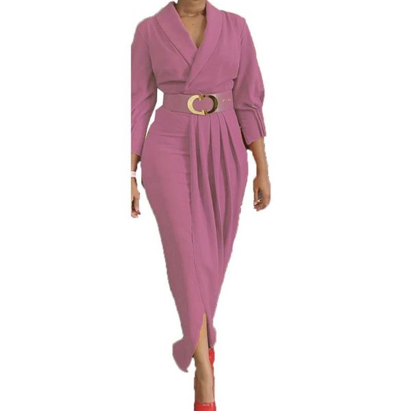 

plus size dresses african women's solid color v lapel temperament commuter sleeve pleated dress with belt fashion evening, Black