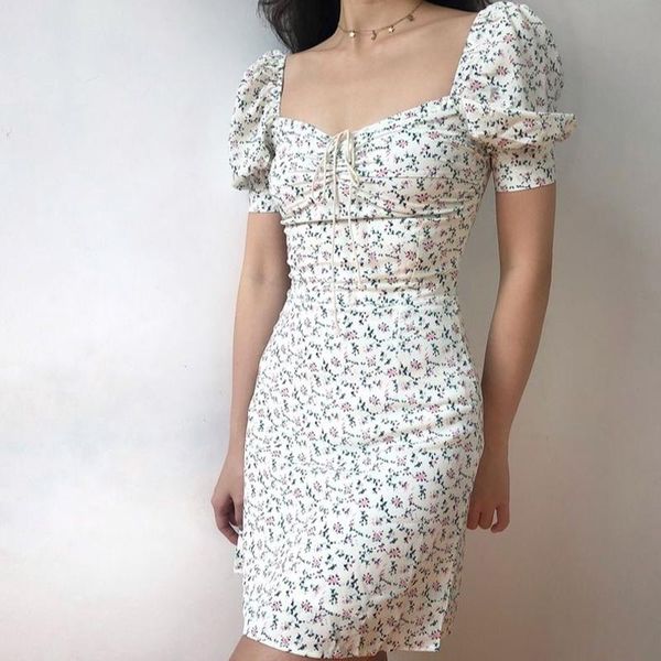 

casual dresses qweek floral print puff sleeve staple dress women summer sundresses 2021 fashion boho square collar wrap mini, Black;gray