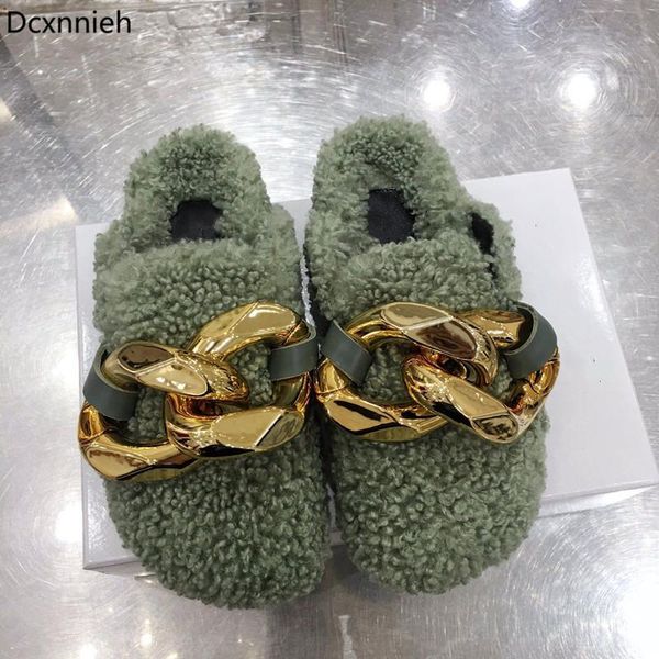 

runway gold chain closed toe flat slippers women sheep curly thick sole mules woman round furs brand shoes for, Black