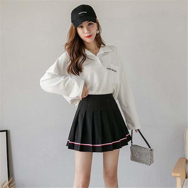 

skirts 2021 mini skirt mujer faldas woman womens saias mulher femme jupes plus size high waist pleated color bar lining kawaii, Black