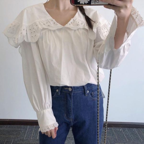 

women's blouses & shirts ladies big lapel embroidery hollow out lace patchwork blouse with slits dertail, White