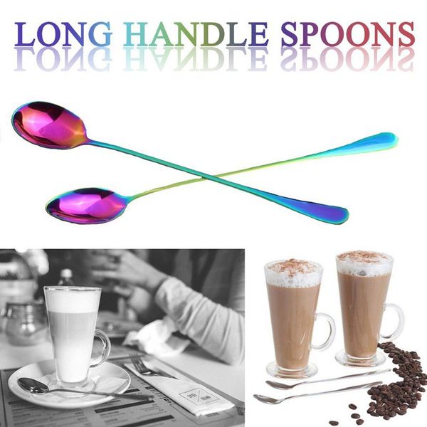 

6pic/set coffee teaspoons rainbow color coffee long-handle ice cream desert spoon cocktail stir spoons mixing spoon 2021