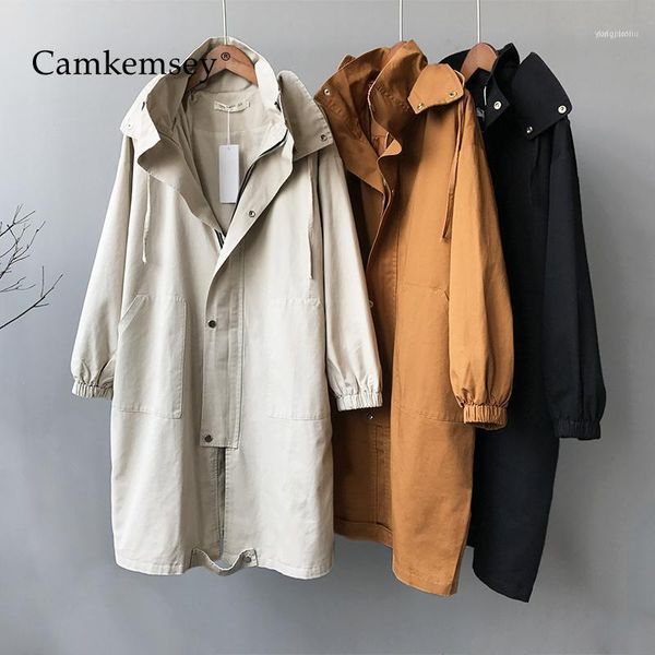 

women's trench coats camkemsey autumn hooded cargo women spring casual bog pockets korean chic solid loose long windbreaker overcoats1, Tan;black