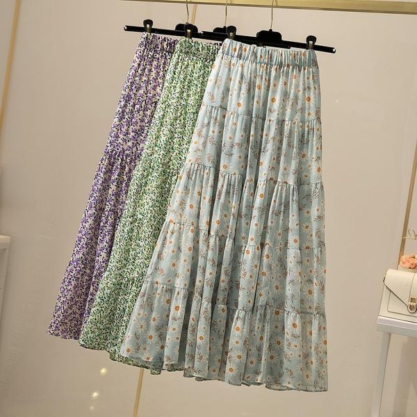 

skirts summer daisy floral a-line maxi long chiffon skirt drape big flared pleated ankle length, Black