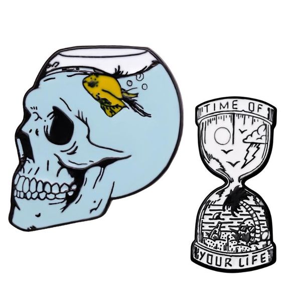 

pins, brooches punk skeleton hourglass metal enamel pins brooch horror skull fish time of your life badge lapel gift jewelry, Gray