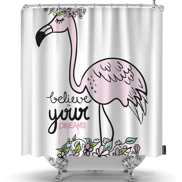 

pink flamingo shower curtain wearing a wreath and believe in your dreams motivational quote shower curtains home decorative