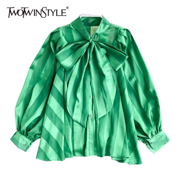 

chiffon striped lace up bowknot shirt for women v neck puff sleeve oversized casual blouse female autumn 210524, White