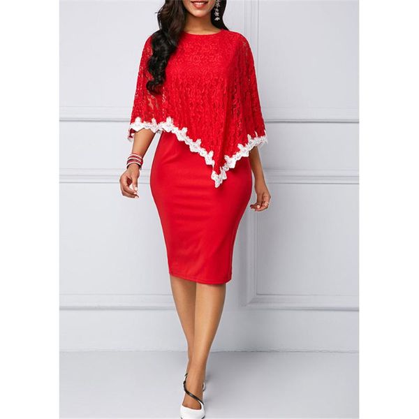

casual dresses women bodycon midi dress fashion irregular lace shawl cloak half sleeve round neck color block cocktail party clubwear r, Black;gray