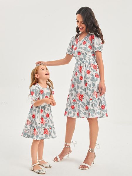 

toddler girls 1pc floral print puff sleeve ruffle hem dress she, Red;yellow