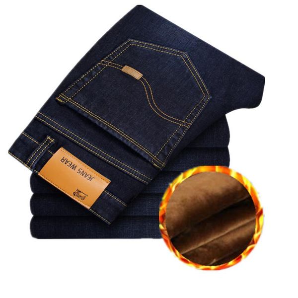 

luren men winter warm jeans denim thicken fleece long trouser 28-40 men's, Blue
