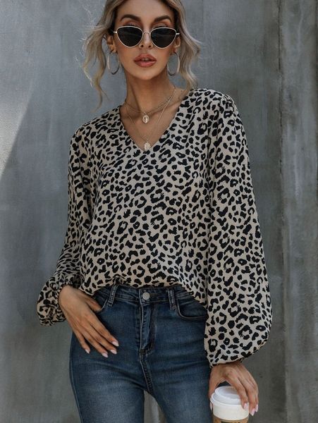 

leopard v-neck bishop sleeve m8qa#, White