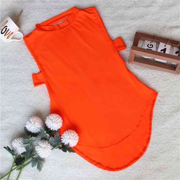 

ladies irregular halter hollow out t-shirt female round neck sleeveless backless solid color stitching woman tshirts 210517, White