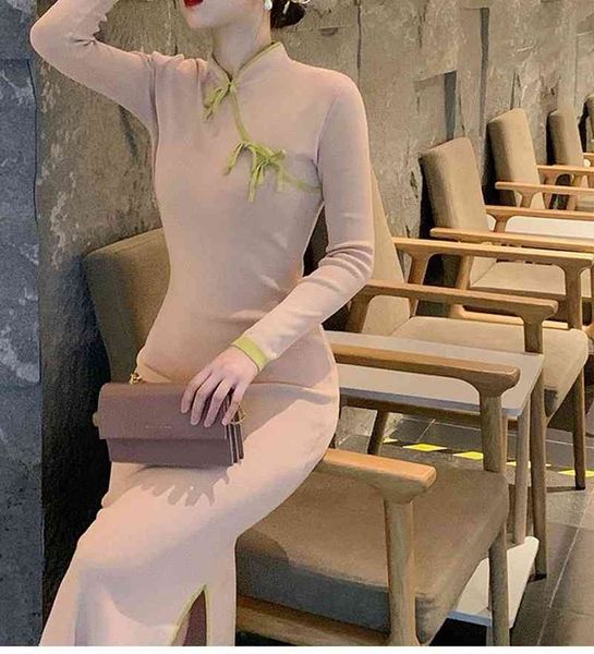 

casual dresses autumn sweater mesh dress midi chinese cheongsam fashion robes elegant korean lady ins 1h2w, Black;gray