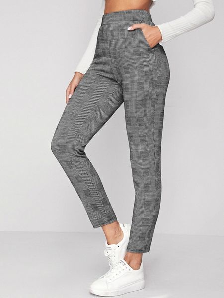 

elastic waist slant pocket plaid pants q4ql#, Black;white