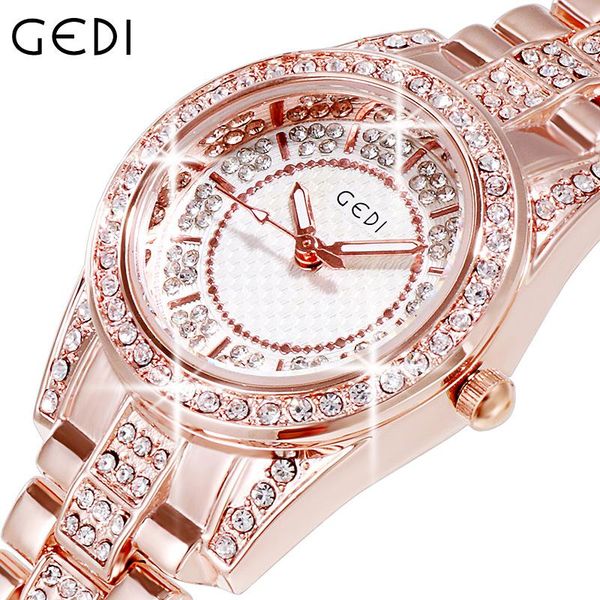 

wristwatches brand gedi fashion women diamond wristwatch stainless steel luxury rose gold ladies waterproof bracelet watches rhinestone, Slivery;brown