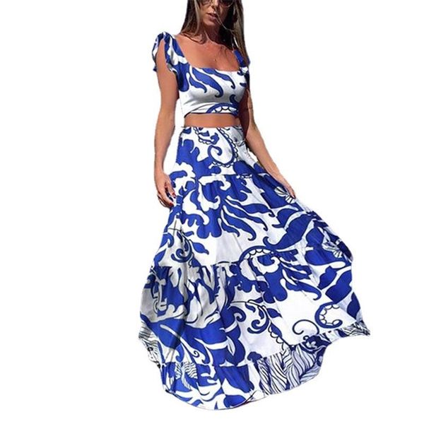 

women set 21 summer fashion floral print sleeveless high waist beach bohemian maxi long skirt 2 piece female lr1399 210531, White