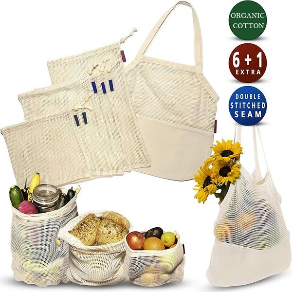 

shopping bags reusable produce organic cotton mesh double-stitched seam eco-friendly zero waste grocery bag fruits