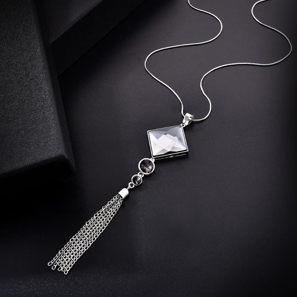 

pendant necklaces fashion women lady big rhinestone crystal square long chain tassel sweater necklace party drop jewelry, Silver