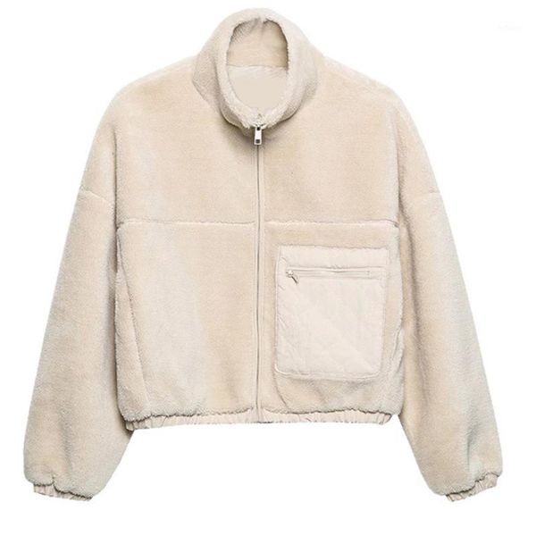 

women's wool & blends winter women zipper long sleeve fleece fur coat stand collar slim warm soft jacket thick fuzzy plush overcoat, Black