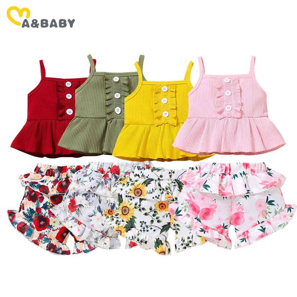 

6m-3y summer sunflower toddler infant baby girl clothes set knitted vest ruffles flower shorts outfits costumes 210515, White