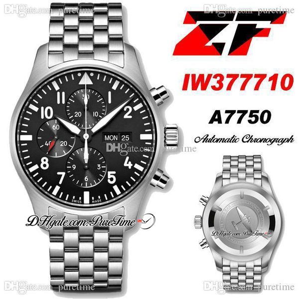 

zf v2 eta a7750 automatic chronograph mens watch 377710 day date black dial white number markers stainless steel bracelet super edition watc, Slivery;brown