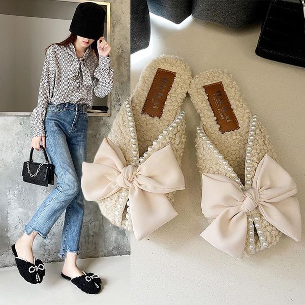

slippers 2021 autumn and winter women's shoes korean bowknot pearl wool cotton baotou half outer wear, Black