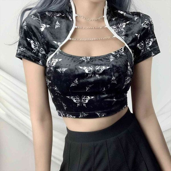 

chinese style butterfly girls women blouses fashion streetwear expose navel short sleeve blouse cheongsam, White