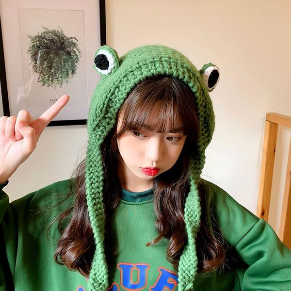 

beanies ins sweet cute knitted woolen hat autumn and winter big eyes frog headgear warm ear cap beanie