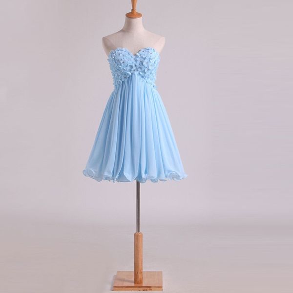 Straplless 3D Flores Árabe Cocktail Prom Vestidos Luz Céu Azul Joelho-Comprimento Um Linha Homecoming Vestidos Curto Mini Dress Dress Wear